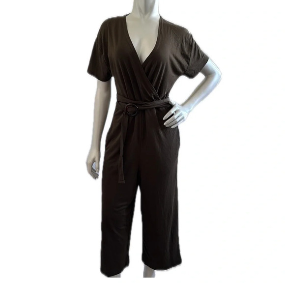 ZARA WOMAN OLIVE GREEN JUMPSUIT WITH BELT SHORT SLEEVE - Picture 4 of 12